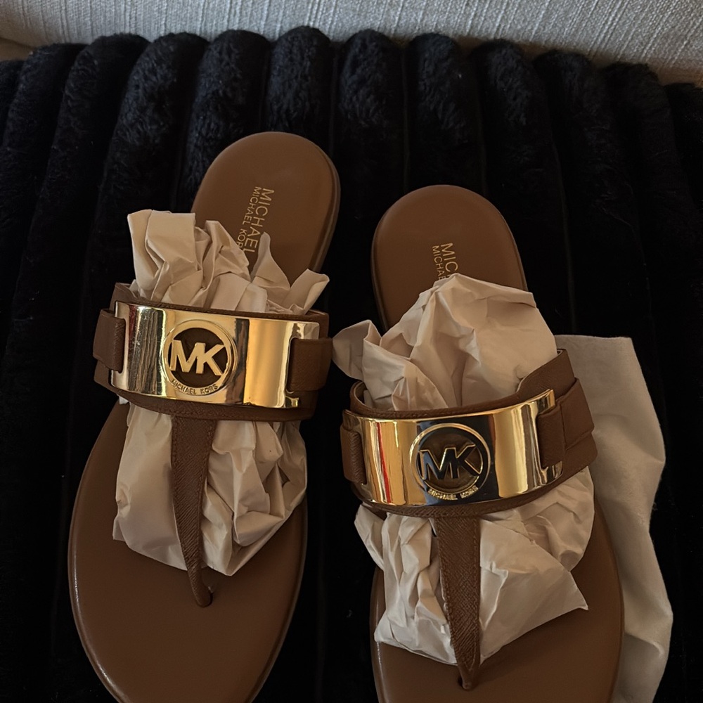 Michael Kors Brown Sandals with Gold Accents
